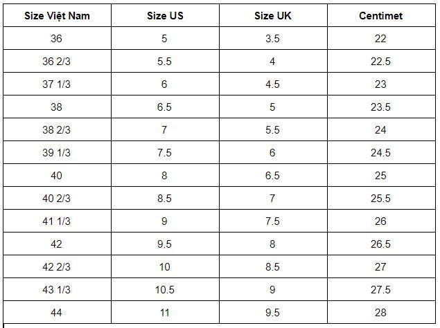 Bảng size giày Adidas nữ US và UK