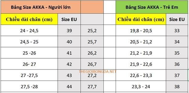 Bảng Size giày AKKA