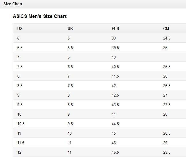 Bảng size giày Asics cho nam giới