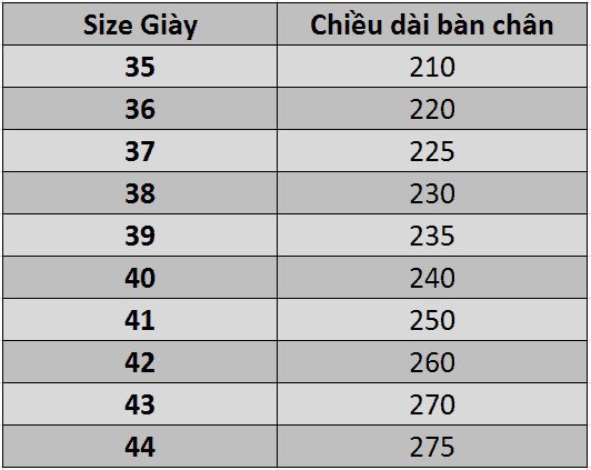 Bảng size giày Bitis theo chuẩn Việt Nam và quốc tế