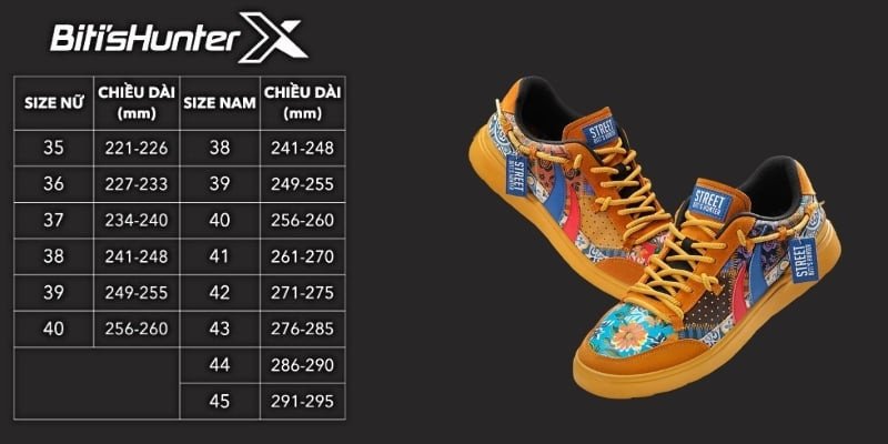 Bảng size giày Bitis Việt Nam chi tiết cho các sản phẩm