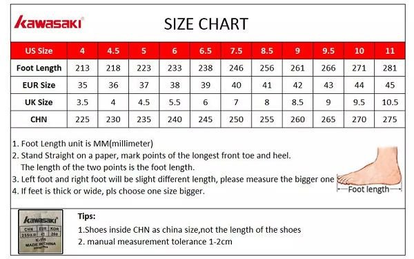 Bảng size giày cầu lông Kawasaki chi tiết