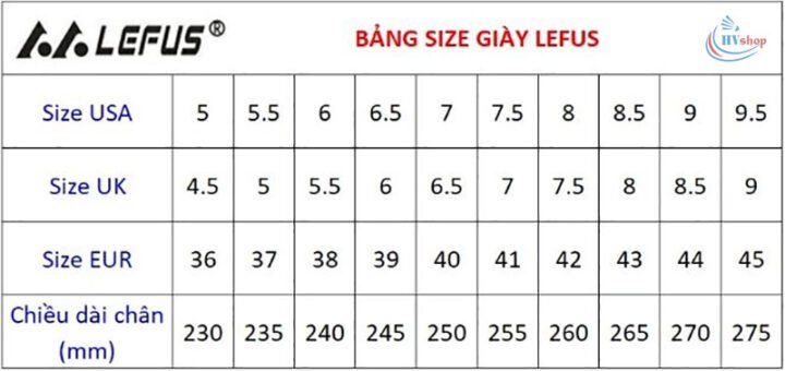 Bảng size giày cầu lông Lefus chi tiết giúp người chơi lựa chọn kích thước phù hợp nhất với bàn chân của mình.