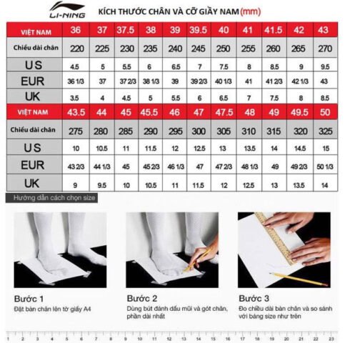 Bảng size giày cầu lông Lining
