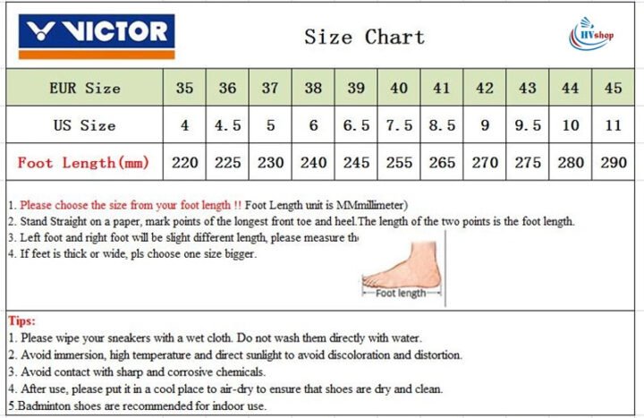 Bảng size giày cầu lông Victor tiêu chuẩn quốc tế giúp bạn chọn kích thước chân phù hợp