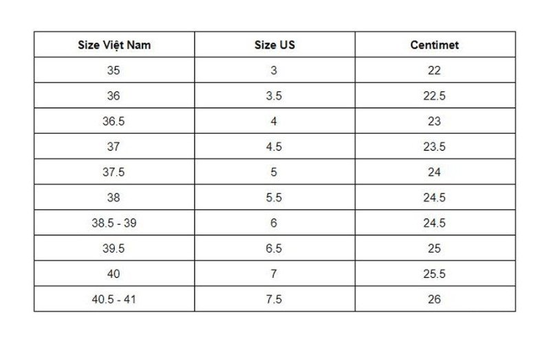 Bảng size giày chạy bộ Adidas theo chuẩn Hoa Kỳ (US) để lựa chọn đúng kích cỡ