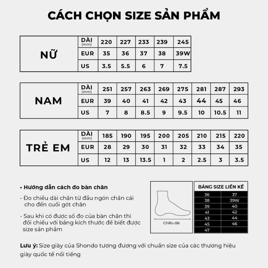 Bảng size giày chi tiết của thương hiệu Shondo, giúp khách hàng có chiều dài bàn chân 24cm chọn được size đúng