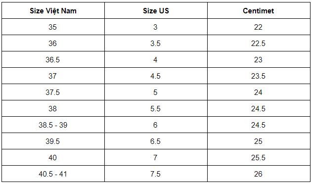 Bảng size giày Converse chi tiết cho nữ, bao gồm size US UK giày và CM