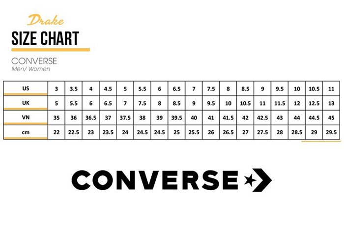 Bảng size giày Converse nam và nữ cho các dòng phổ biến