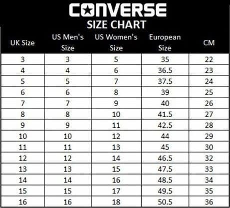Bảng size giày Converse nam và thông số chuẩn