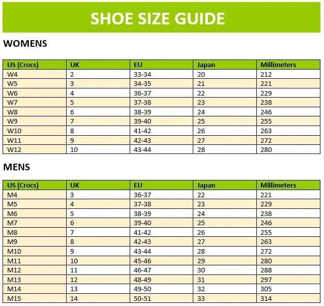 Bảng size giày Crocs và các kiểu dáng phù hợp