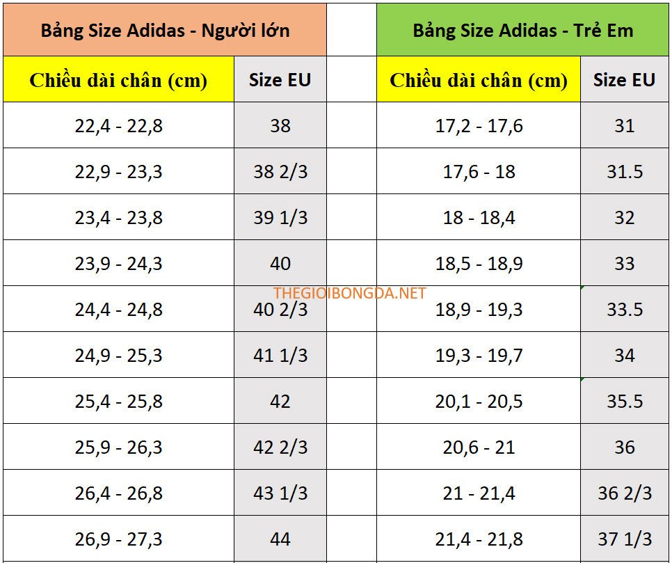 Bảng size giày đá bóng Adidas cho các dòng X, Predator, Copa