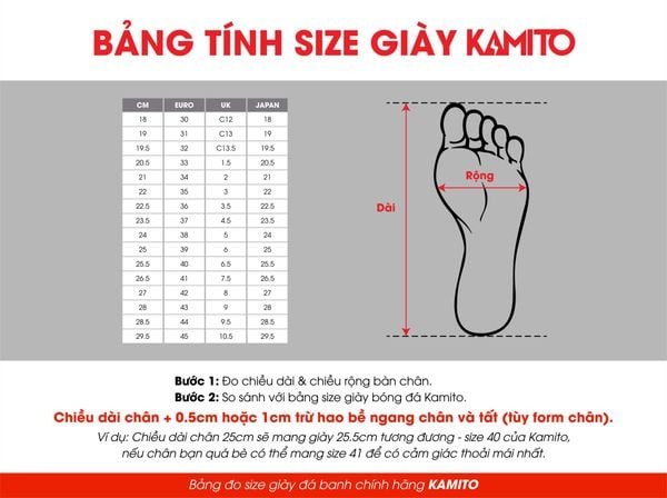 Bảng size giày đá bóng Kamito QH19 cho người chơi