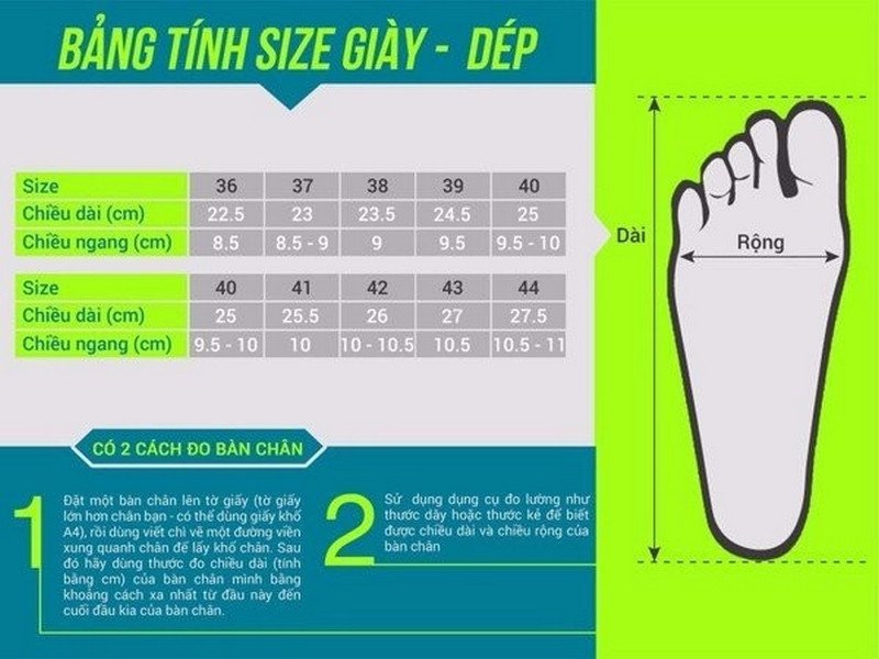 Bảng size giày da nam tham khảo