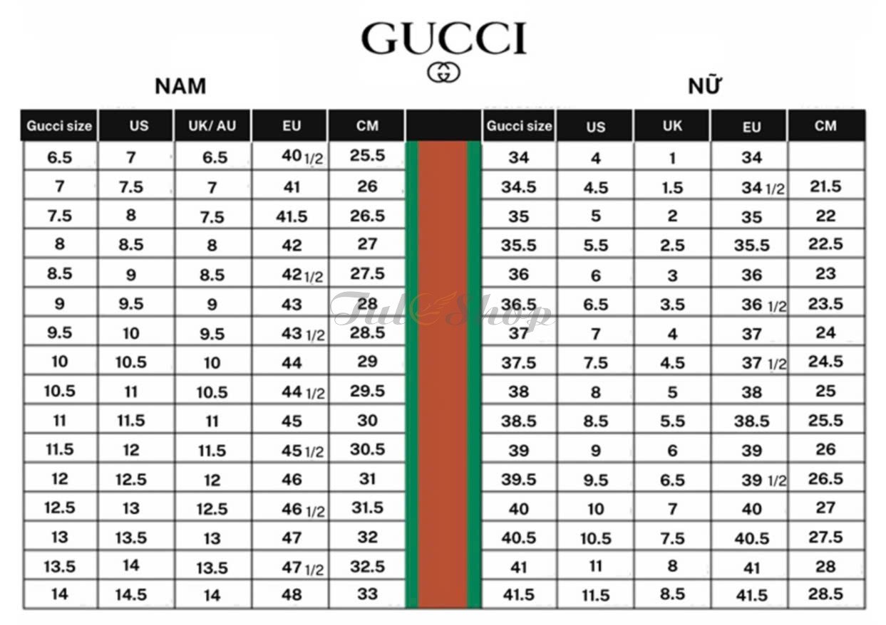 Bảng size giày Gucci chi tiết để lựa chọn size giày us uk chính xác