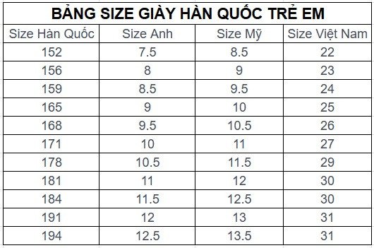 Bảng size giày Hàn Quốc cho bé theo chiều dài chân