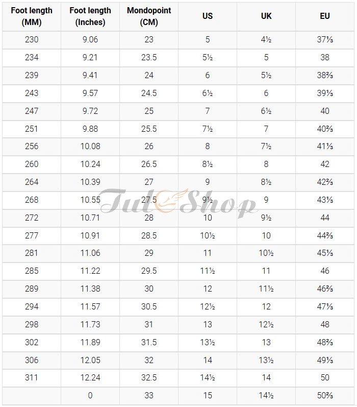 Bảng size giày Hoka cho nam giới theo US, UK, EU, CM