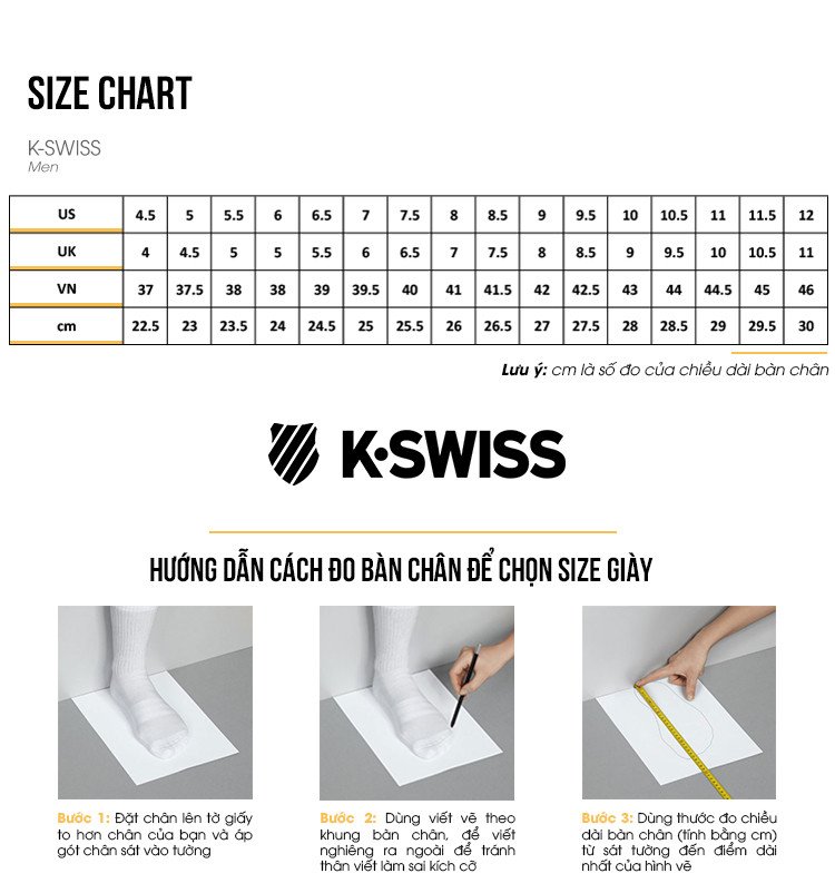 Bảng size giày K-Swiss cho phái mạnh