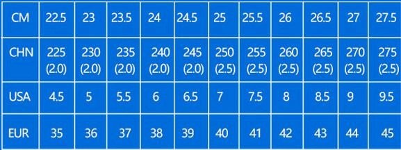 Bảng size giày Kumpoo chi tiết quy đổi theo tiêu chuẩn quốc tế giúp chọn đúng kích thước.