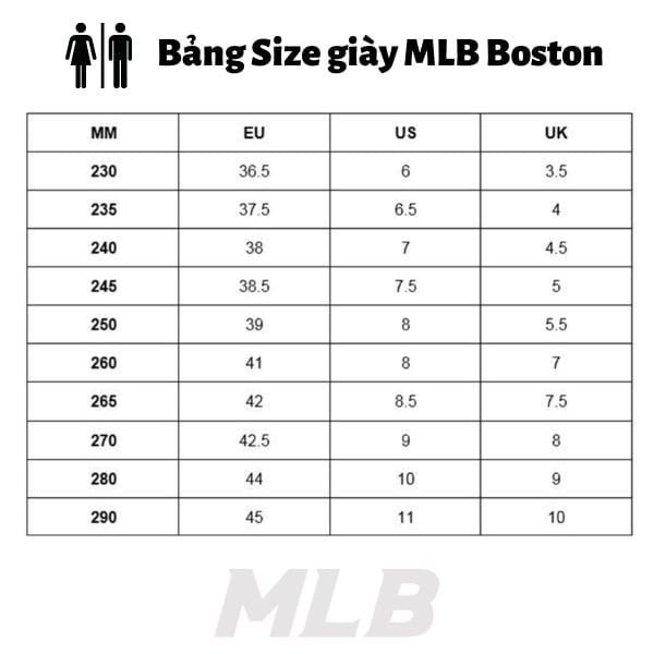 Bảng size giày MLB Boston nam