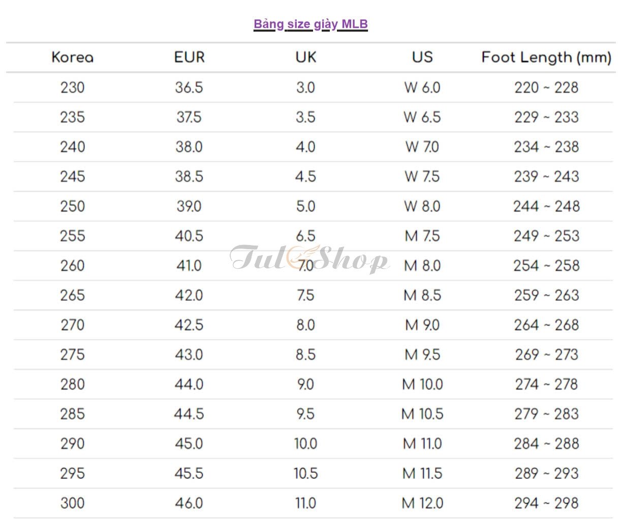 Bảng size giày MLB giúp bạn chọn đúng kích thước