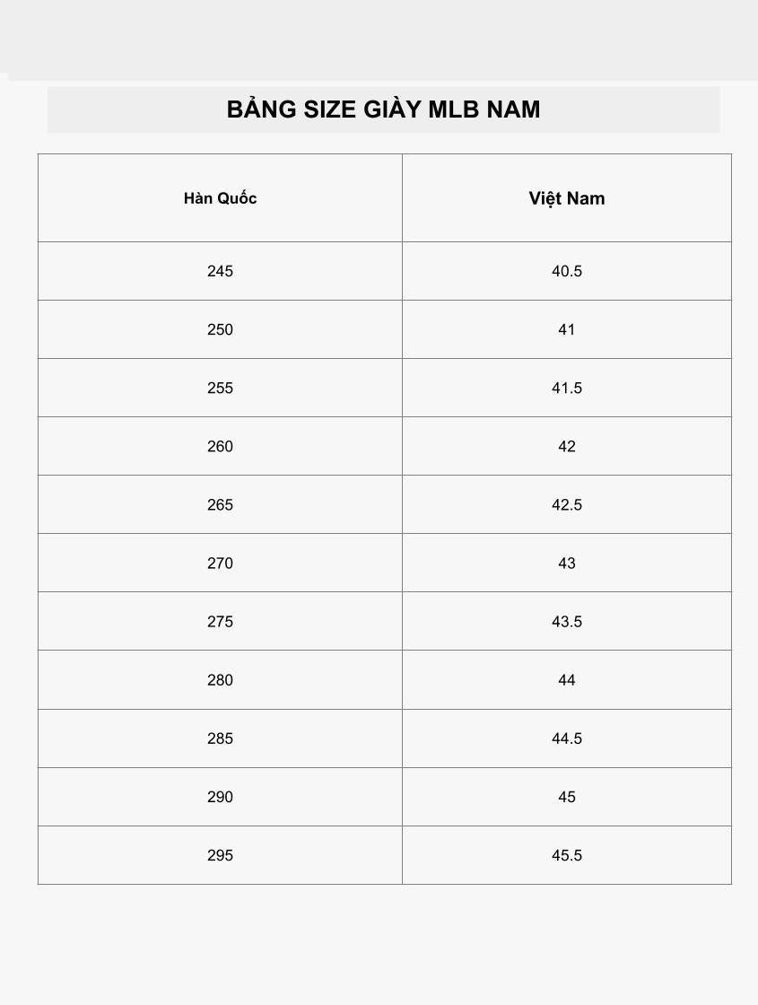Bảng size giày MLB nam cho chiều dài chân 23cm