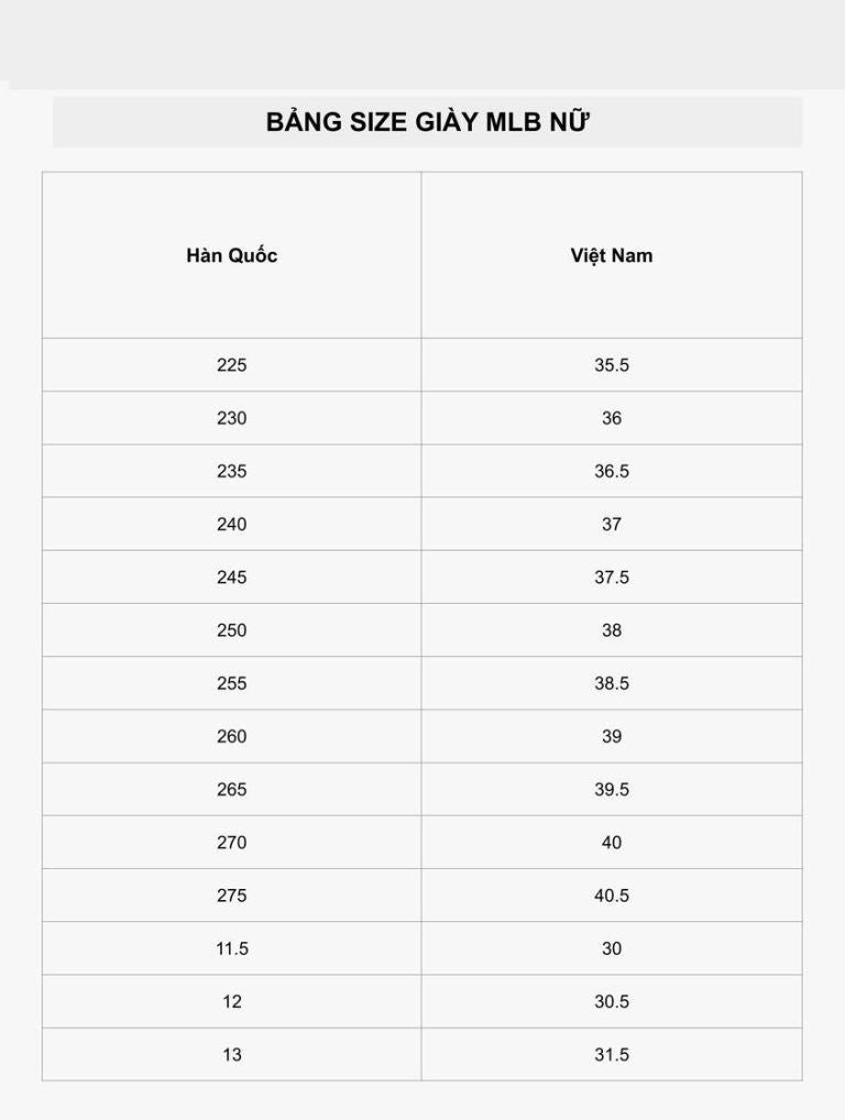 bảng size giày MLB nữ cho chân 24cm