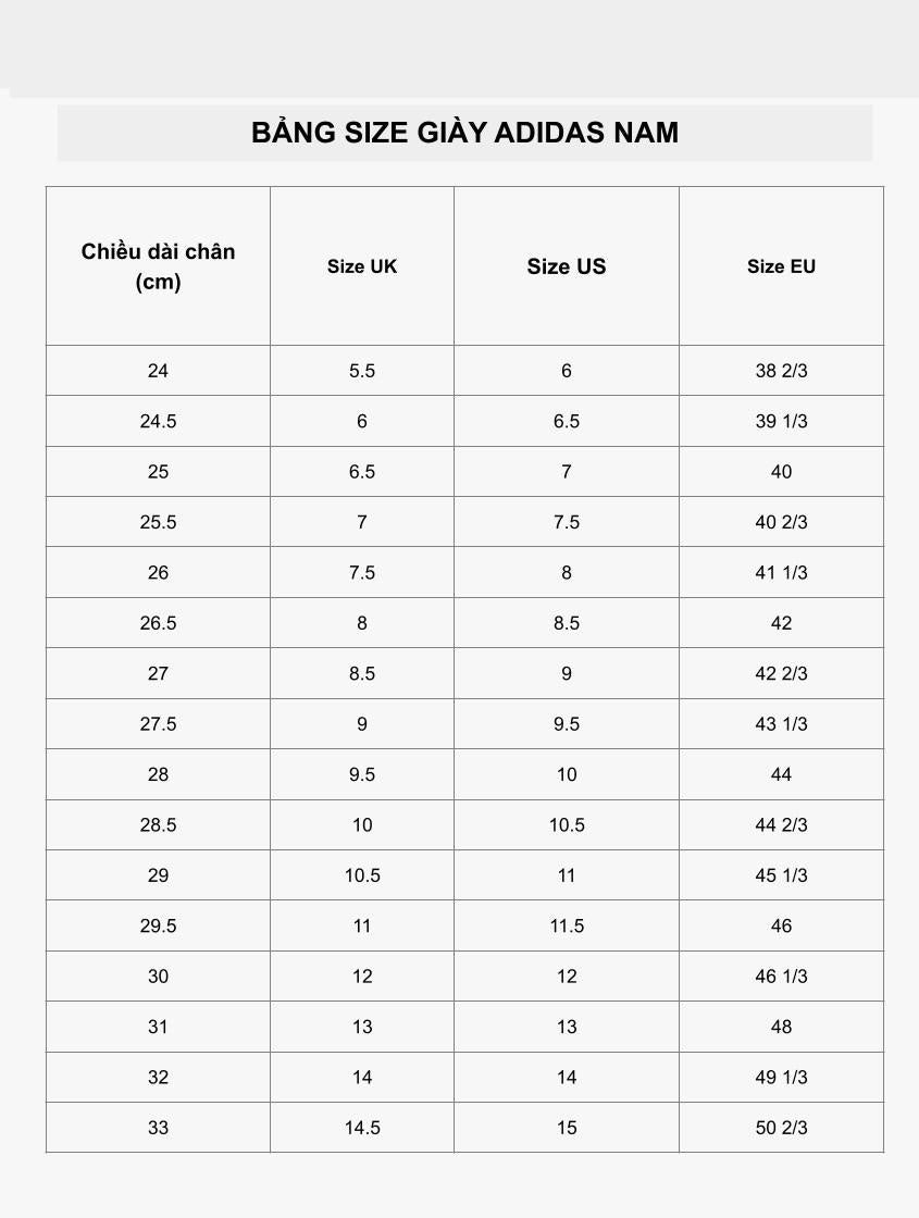 Bảng size giày nam Adidas cho chiều dài bàn chân 23cm