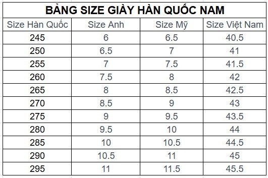 Bảng size giày nam Hàn Quốc chi tiết, giải thích cách quy đổi các cỡ giày phổ biến như size giày 230