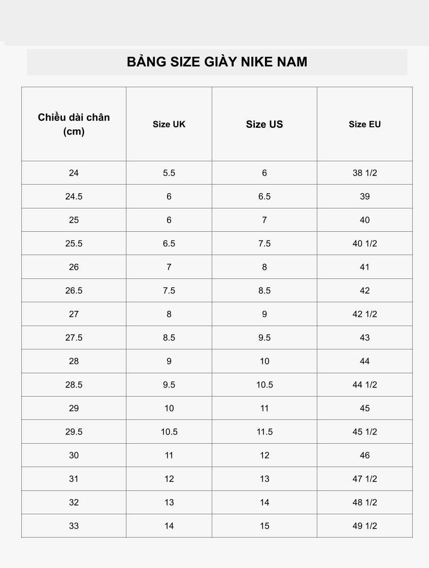 bảng size giày nam nike