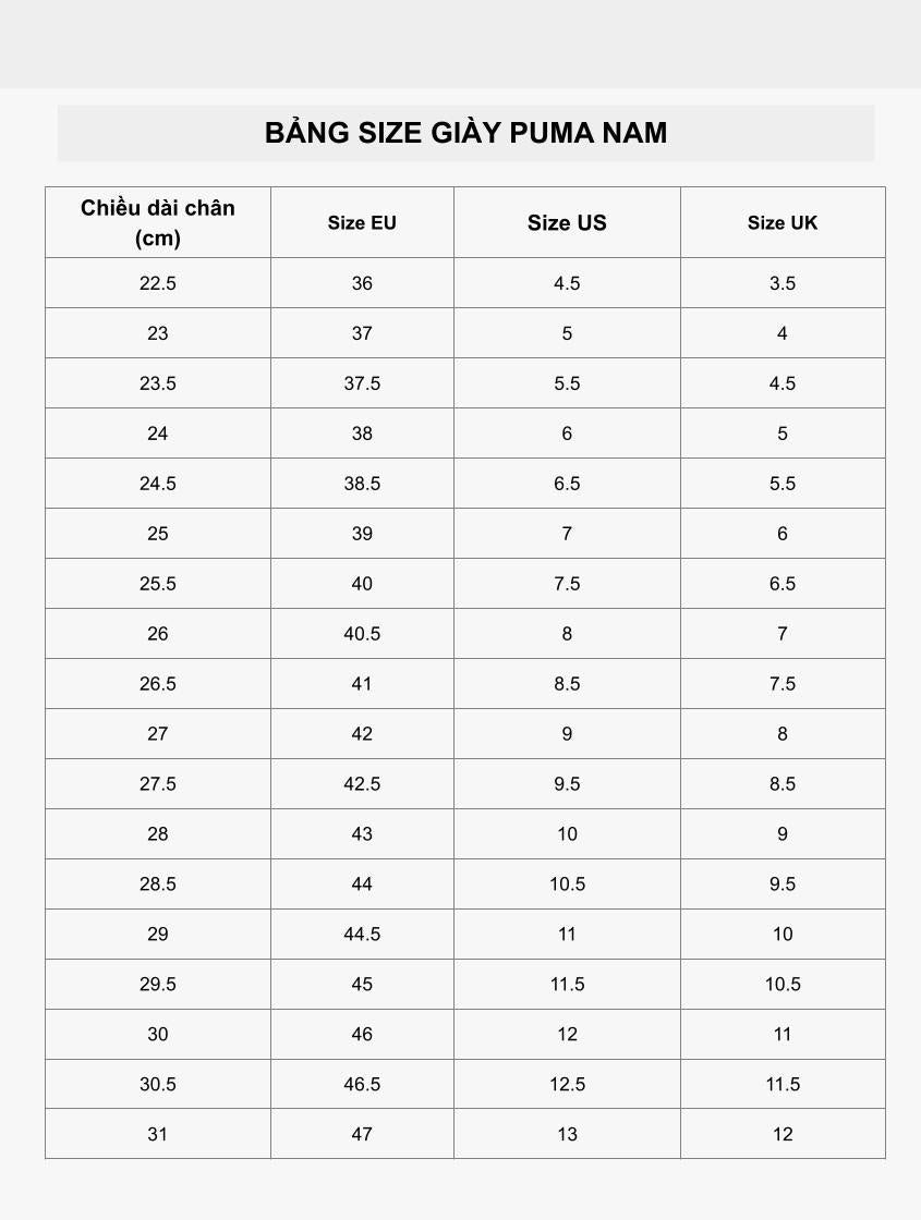 Bảng size giày nam Puma quy đổi cho chân 23cm