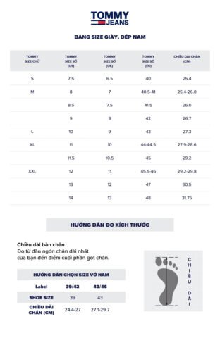 Bảng size giày nam Tommy Hilfiger chuẩn quốc tế chi tiết