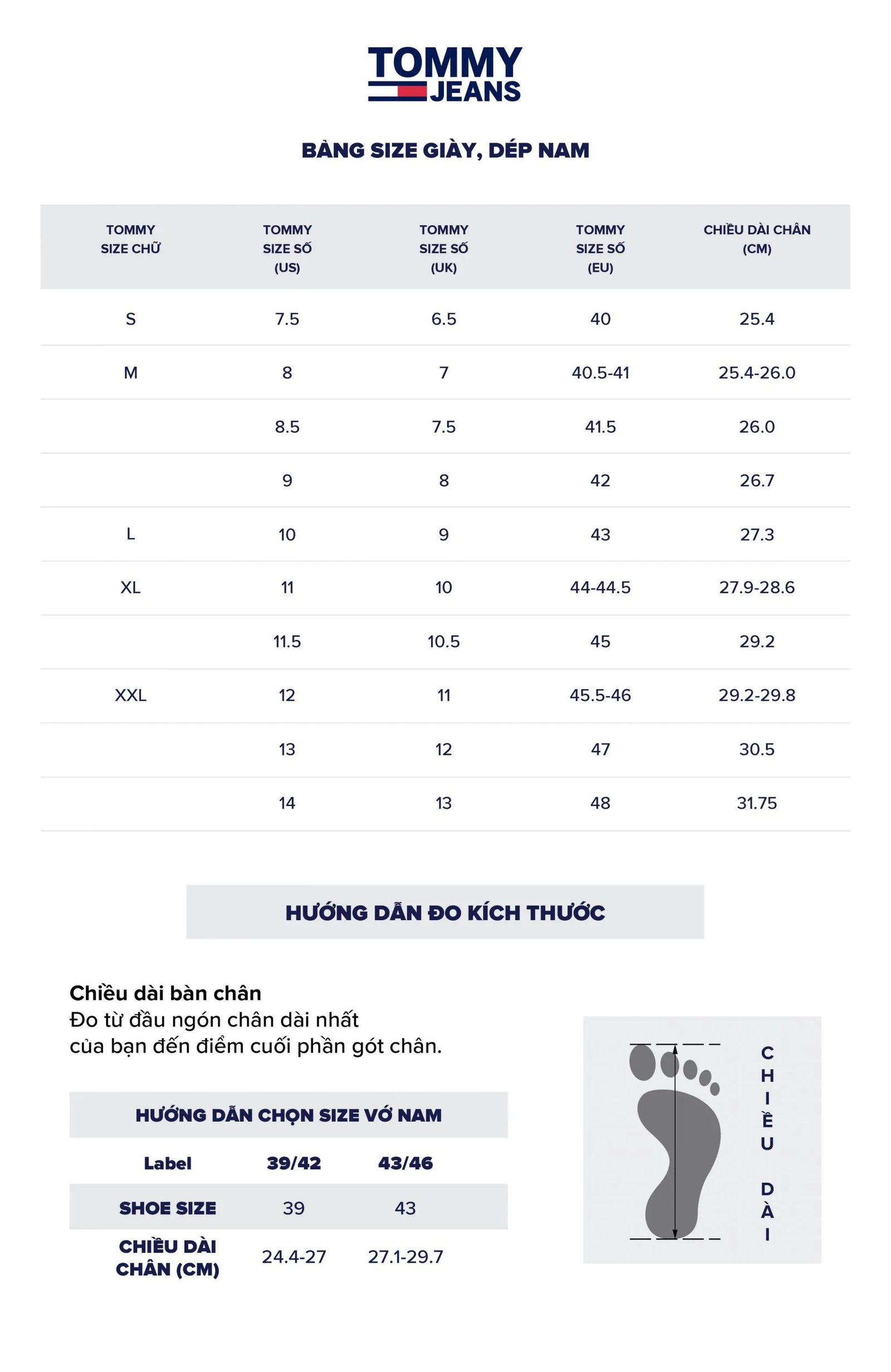 Bảng size giày nam Tommy Hilfiger chuẩn xác