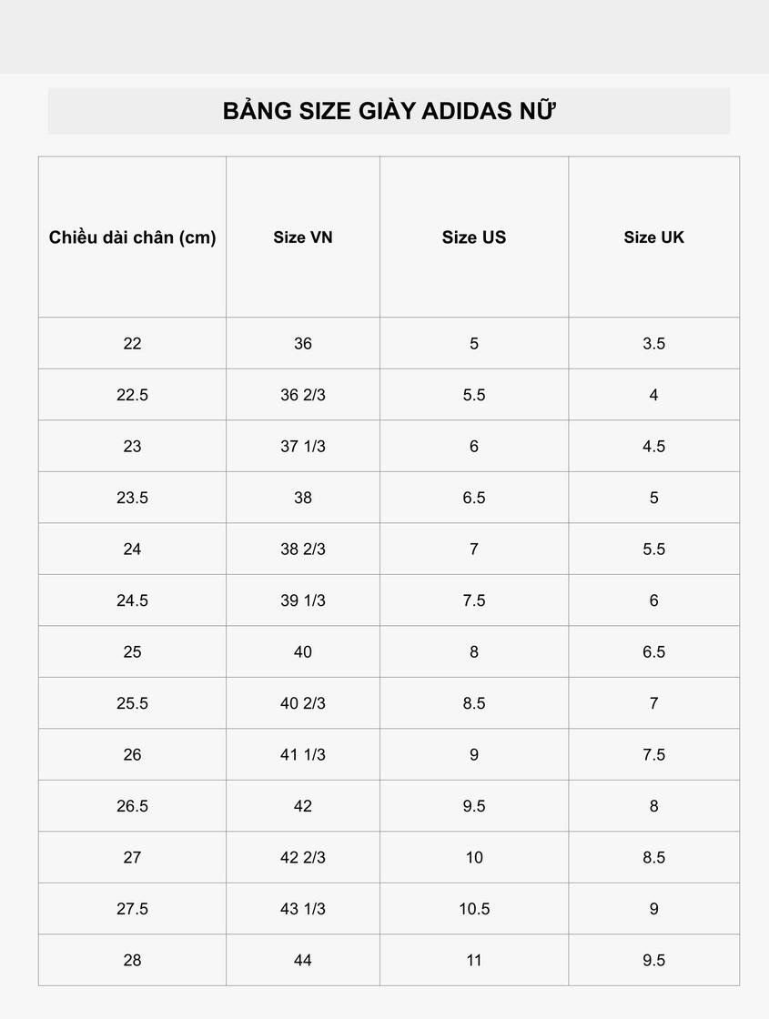 Bảng size giày native Adidas nữ