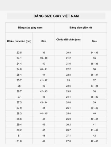 Bảng size giày native chuẩn Việt Nam