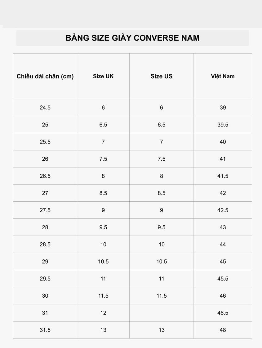 Bảng size giày native Converse nam