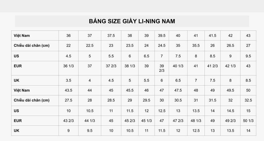 Bảng size giày native LI-NING nam