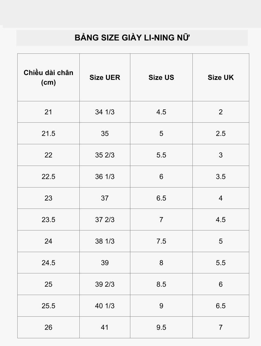 Bảng size giày native LI-NING nữ