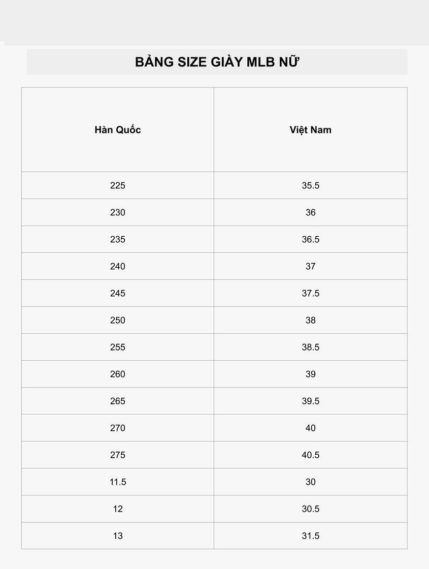 Bảng size giày native MLB nữ