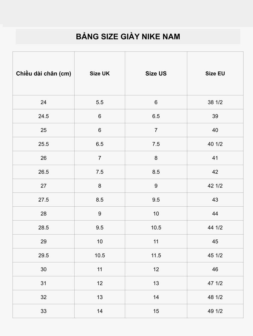 Bảng size giày native Nike nam