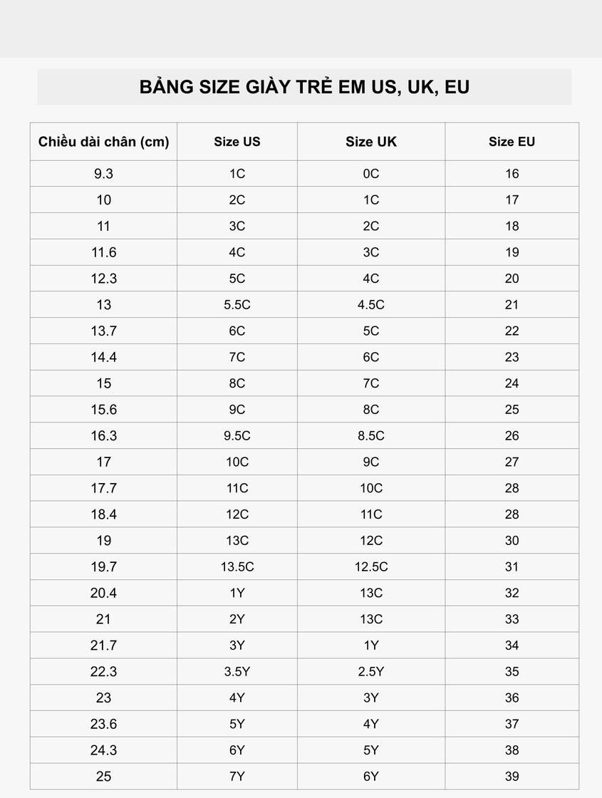 Bảng size giày native trẻ em EU US UK