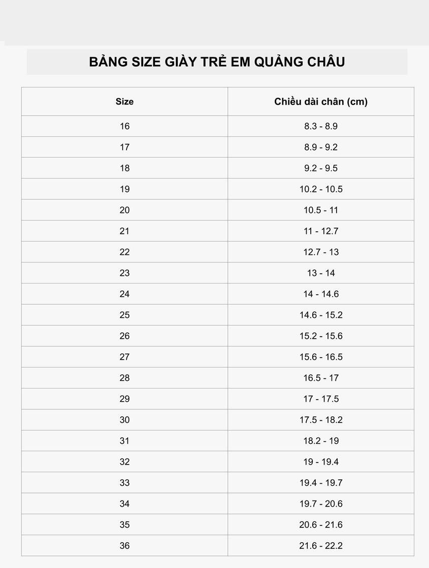 Bảng size giày native trẻ em Quảng Châu