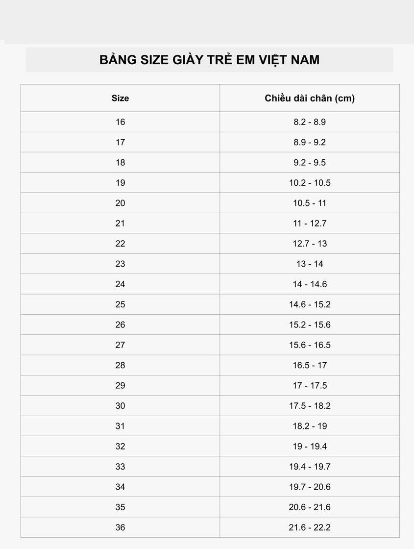 Bảng size giày native trẻ em Việt Nam
