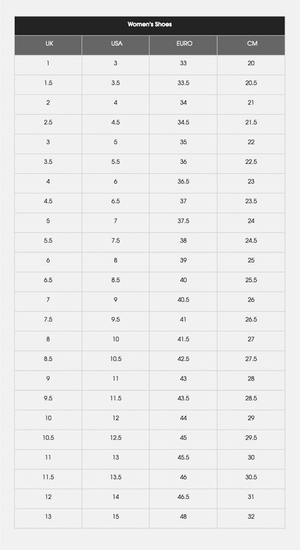 Bảng size giày New Balance dành cho nữ giới, hiển thị các kích cỡ theo chuẩn quốc tế