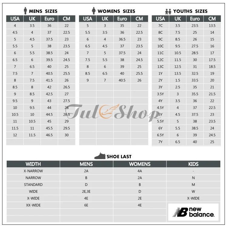 Bảng size giày New Balance với các tùy chọn chiều rộng