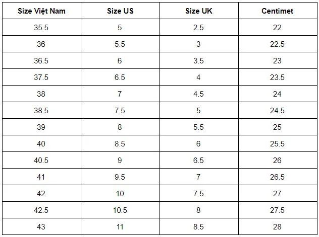 Bảng size giày Nike cho nam, với các cột US, UK, EU và chiều dài chân (CM)