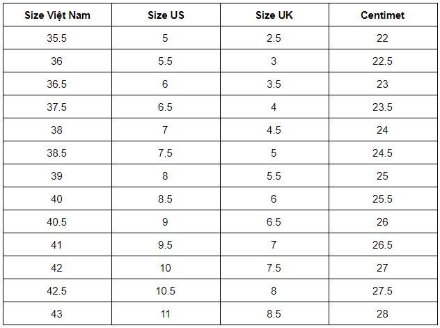 Bảng size giày Nike dành cho nữ, hiển thị size US UK giày và CM