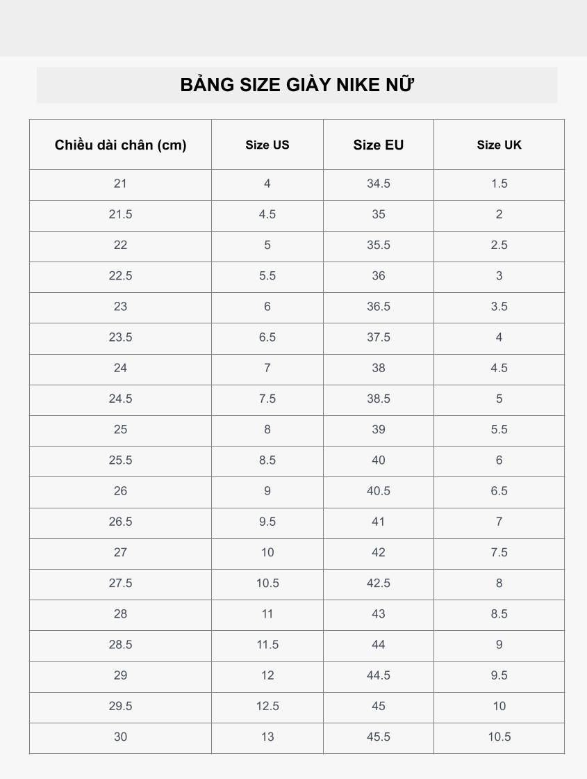 Bảng size giày Nike nữ cho bàn chân 23cm