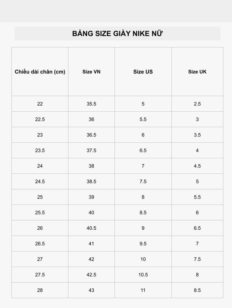 Bảng size giày Nike nữ, cung cấp thông tin size cho nữ giới có bàn chân 24cm