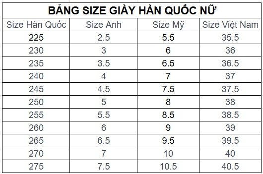 Bảng size giày nữ Hàn Quốc đầy đủ, hỗ trợ tìm kiếm size giày 230 chuẩn xác